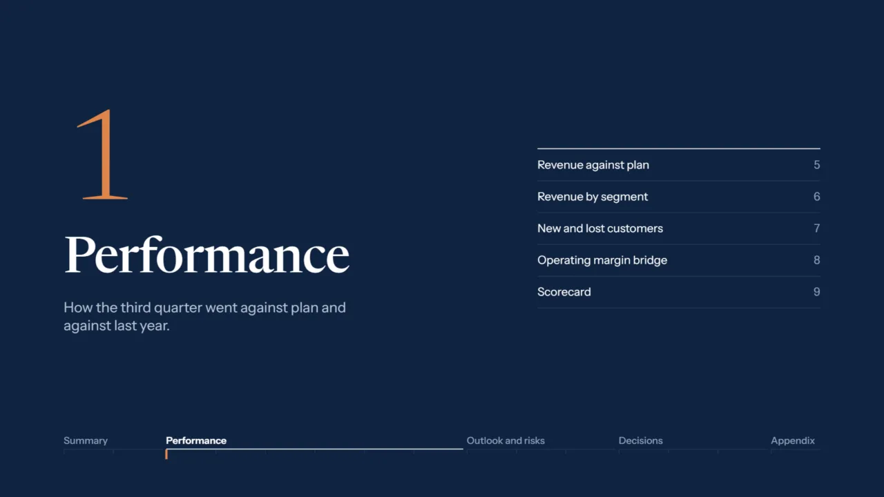 Divider for the Performance section, with its pages