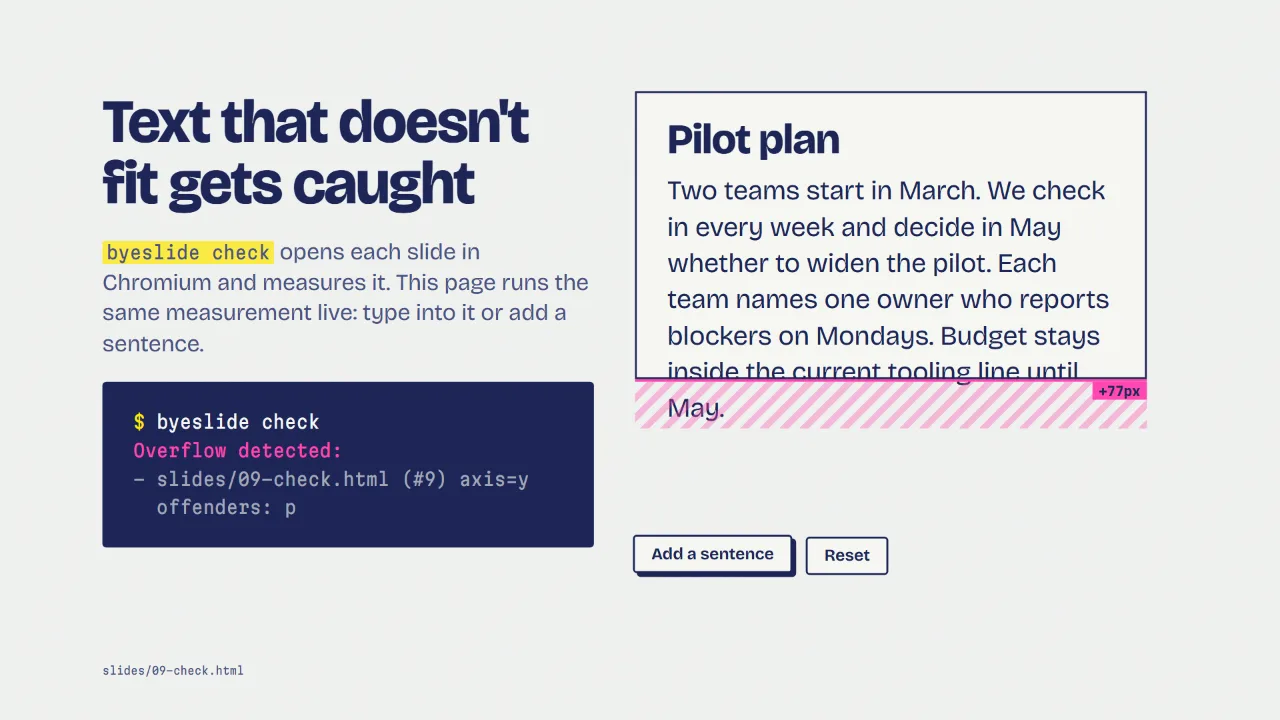 An editable page that overflows, with the check output